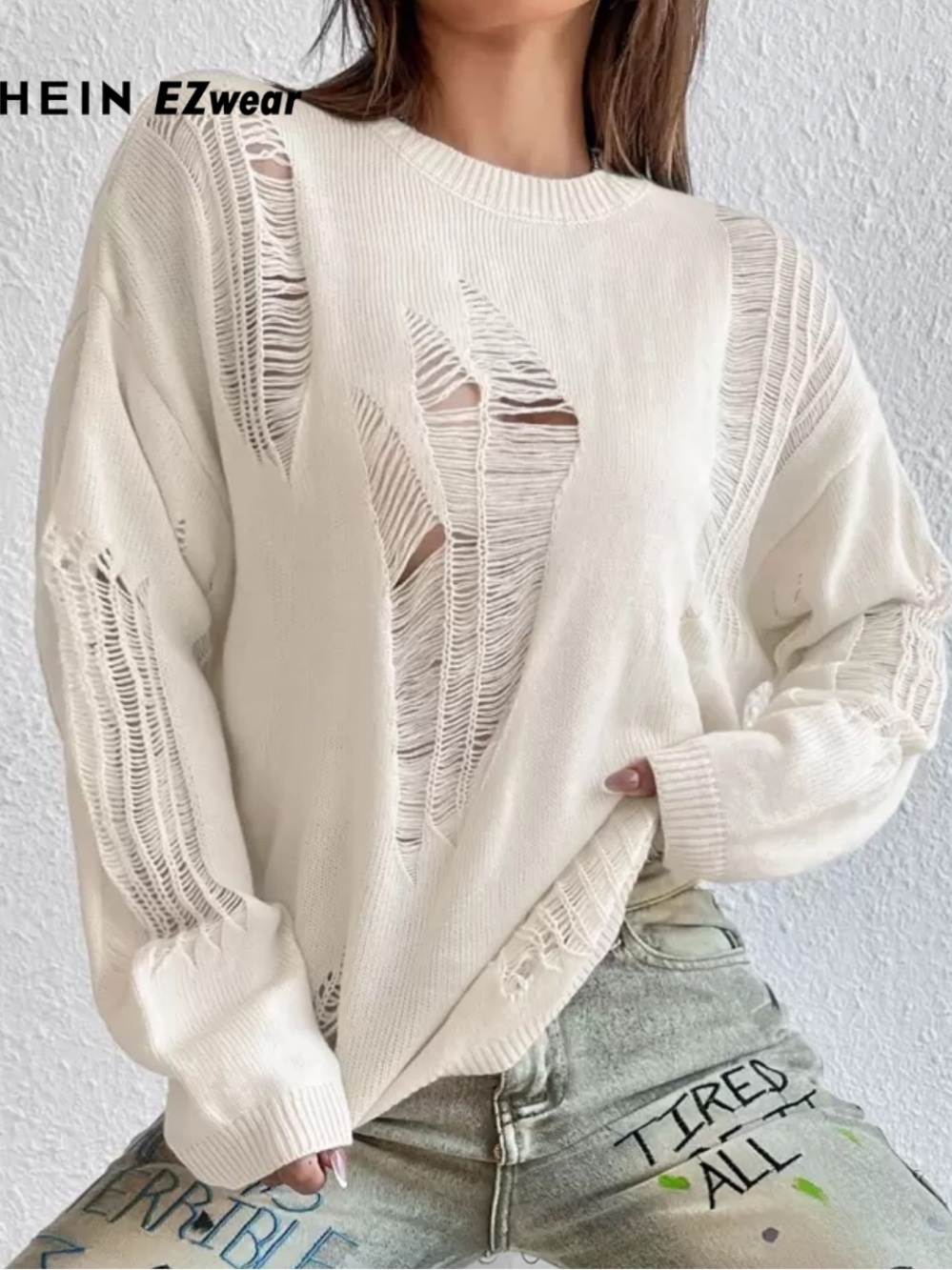 SHEIN Cream Distressed Crewneck Sweater Size Large